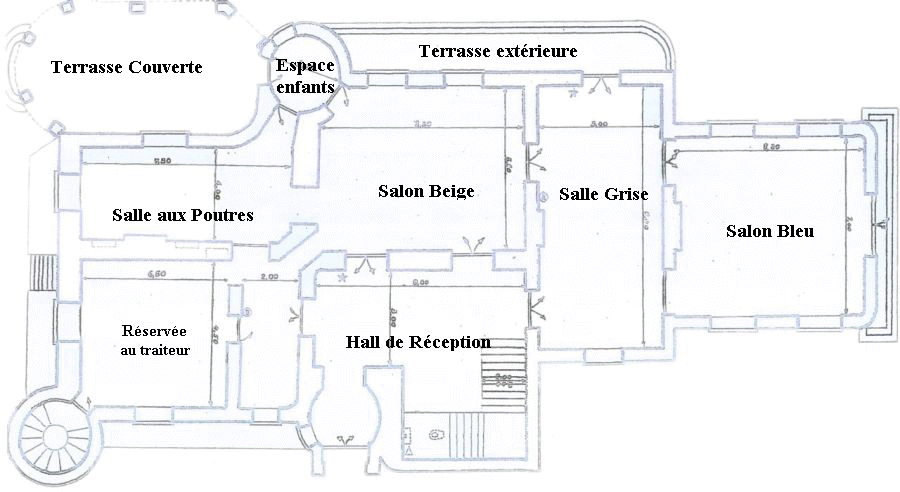 Plan des salles, terrasses au rez de chausse Chteau du Repaire  Vigeois en Corrze
